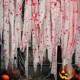 GIONAR 50M Halloween Creepy Blood Cloth - Scary Creepy Cloth with Bloody Prints- Spooky Fabric Blood Strip Drape for Halloween Doorway Curtain Costume Decor