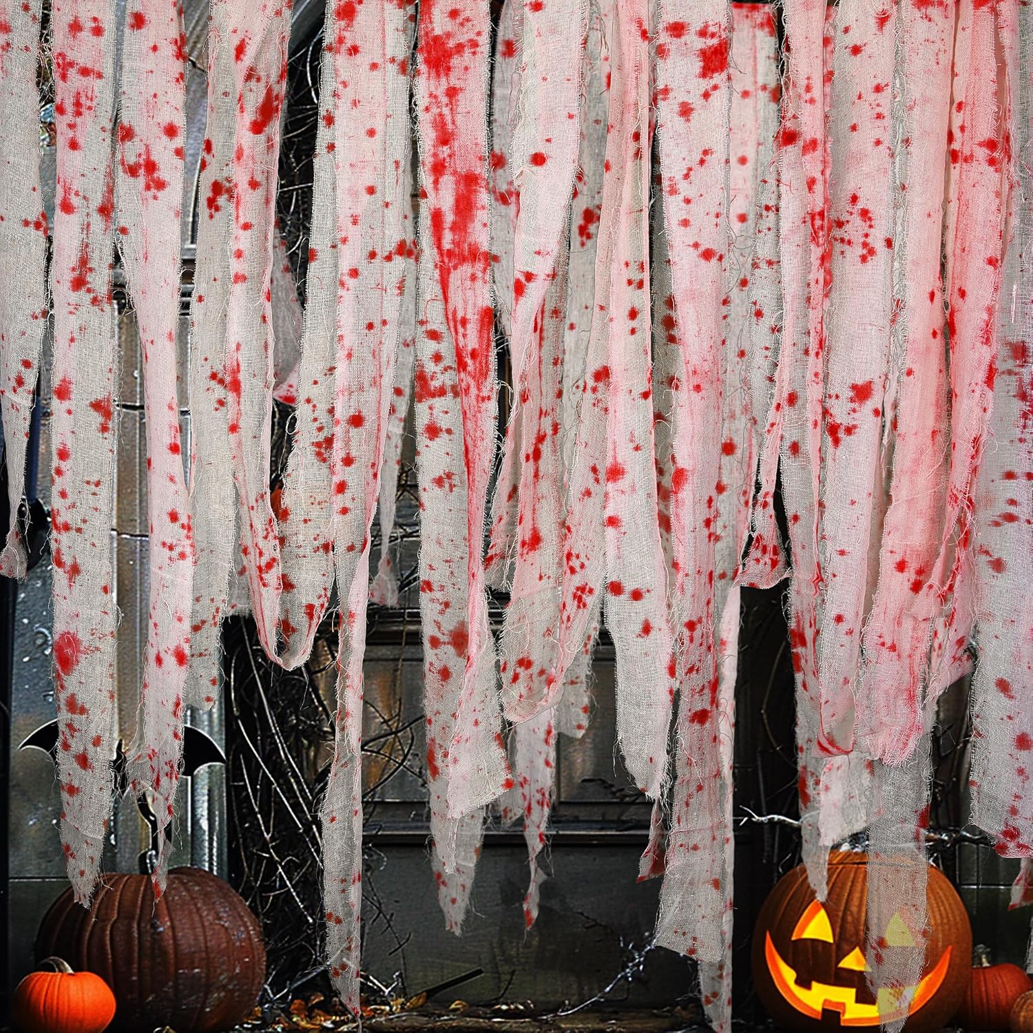 GIONAR 50M Halloween Creepy Blood Cloth - Scary Creepy Cloth with Bloody Prints- Spooky Fabric Blood Strip Drape for Halloween Doorway Curtain Costume Decor-0