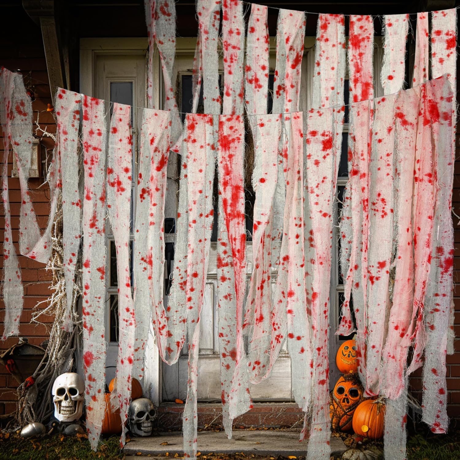 GIONAR 50M Halloween Creepy Blood Cloth - Scary Creepy Cloth with Bloody Prints- Spooky Fabric Blood Strip Drape for Halloween Doorway Curtain Costume Decor-5