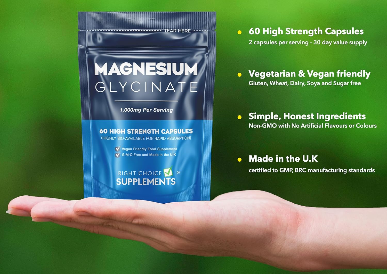 Magnesium Glycinate 1,000mg (per Serving - 2 Capsules) Ideal Strength & High Bioavailability - 60 Vegan Capsules UK Made-1