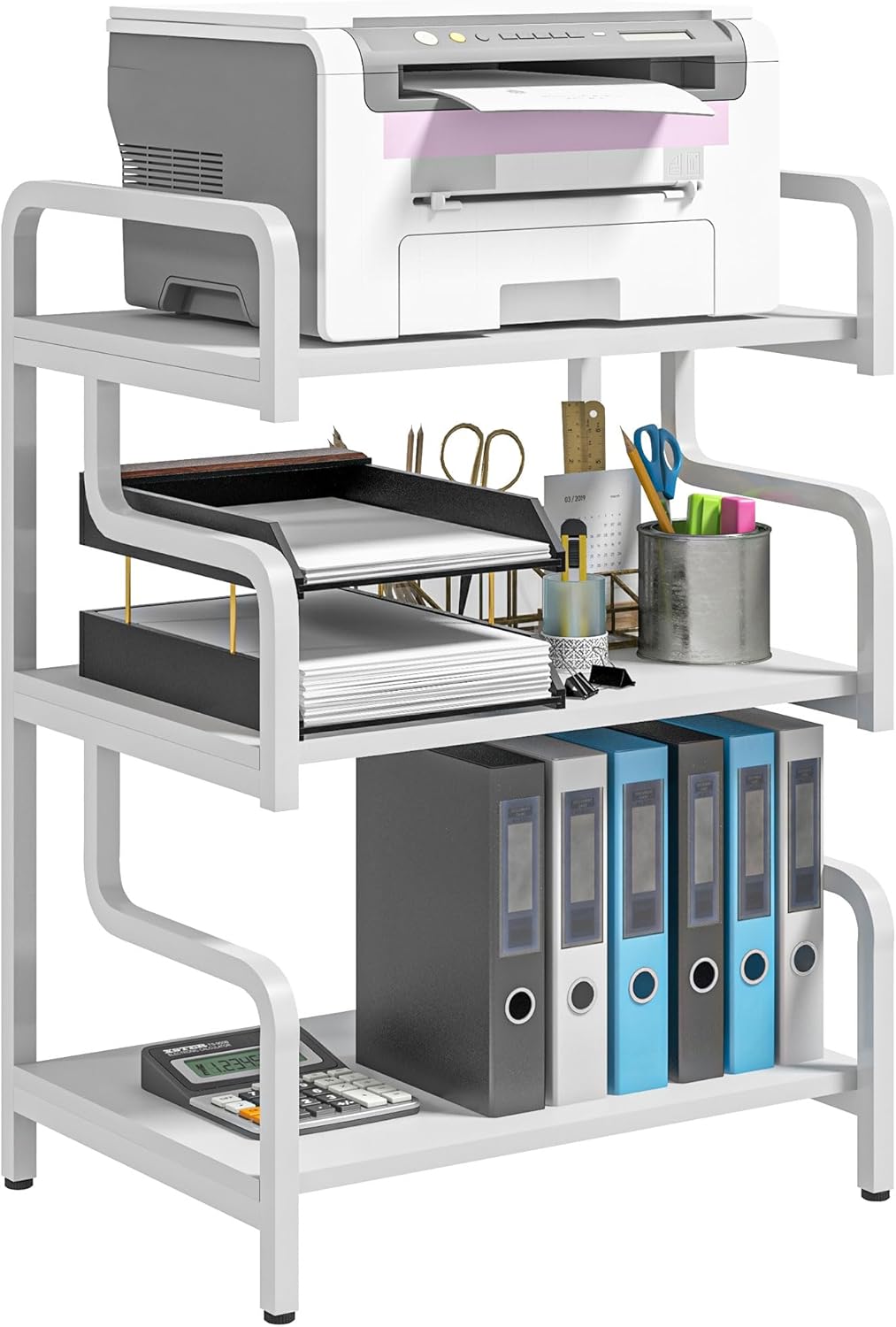 HOMCOM 3-Tier Printer Stand with Storage Shelves, Printer Table, 55 x 40 x 77cm Printer Shelf for Home Office, Study, White-0