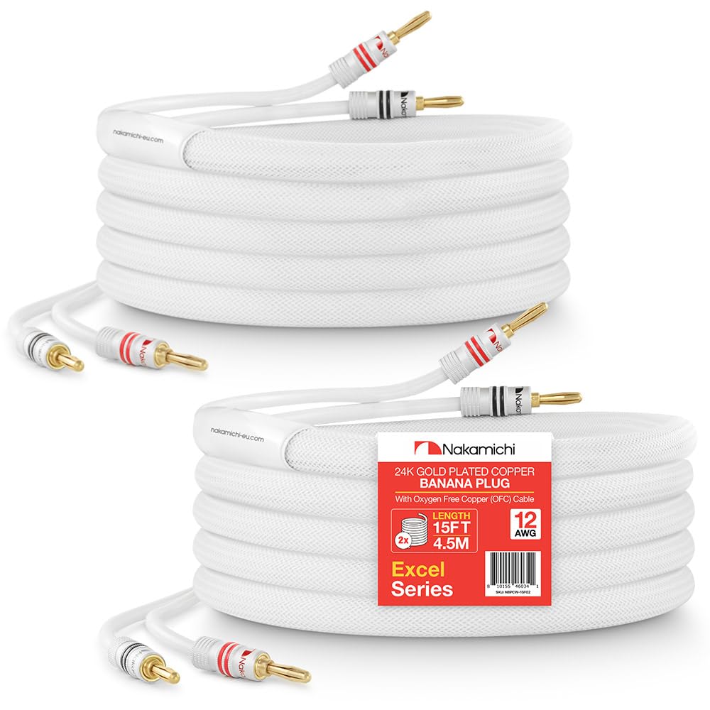 Nakamichi Excel Series 24k Gold Plated Banana Plug with (15 Feet) Speaker Cable Wire 99.9% Oxygen-Free Copper (OFC) Heavy Duty Braided In-Wall CL2 Rated - White (12AWG / 15ft / 4.5m) 2-Pack-0