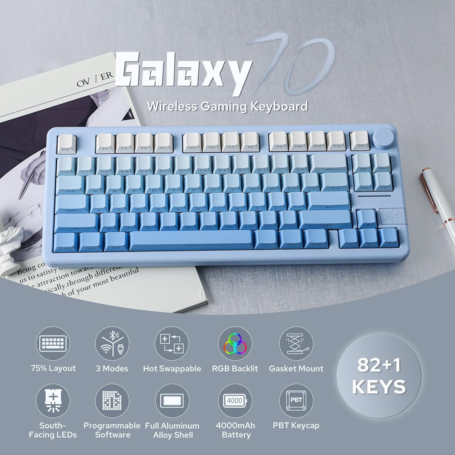 EPOMAKER Galaxy70 Wireless Gaming Keyboard, 75% Aluminium Mechanical Keyboard, Bluetooth 5.0/2.4GHz/USB-C Wired Programmable Keyboard, Hot Swappable Creamy Keyboard (Blue, Petal Switch)-1