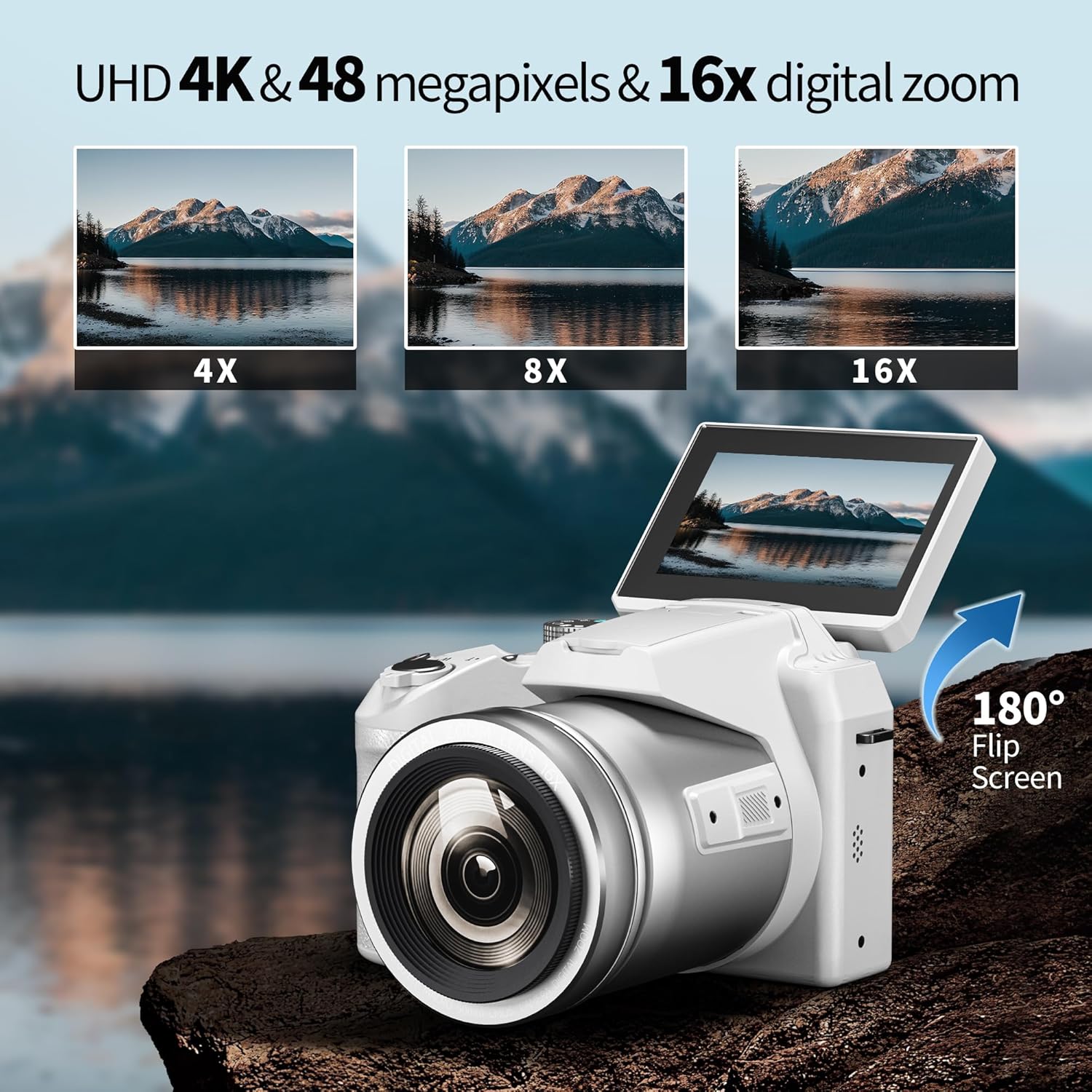 NBD 64MP Digital Camera，4K Vlogging Camera for YouTube with 3’’ Flip Screen,16X Digital Zoom,WIFI& Autofocus,Cameras Mic&Tripod,2 Batteries, 32GB TF Card，Dslr Camera (White)-1