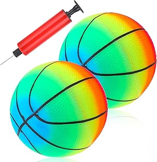 2 Pieces Inflatable Basketball Ball, 9 Inch Rainbow Playground Balls for Kids & Adults Inflatable Vinyl Balls with Added Hand Air Pump Neon Basketball Ball Rainbow for Playground Indoor and Outdoor