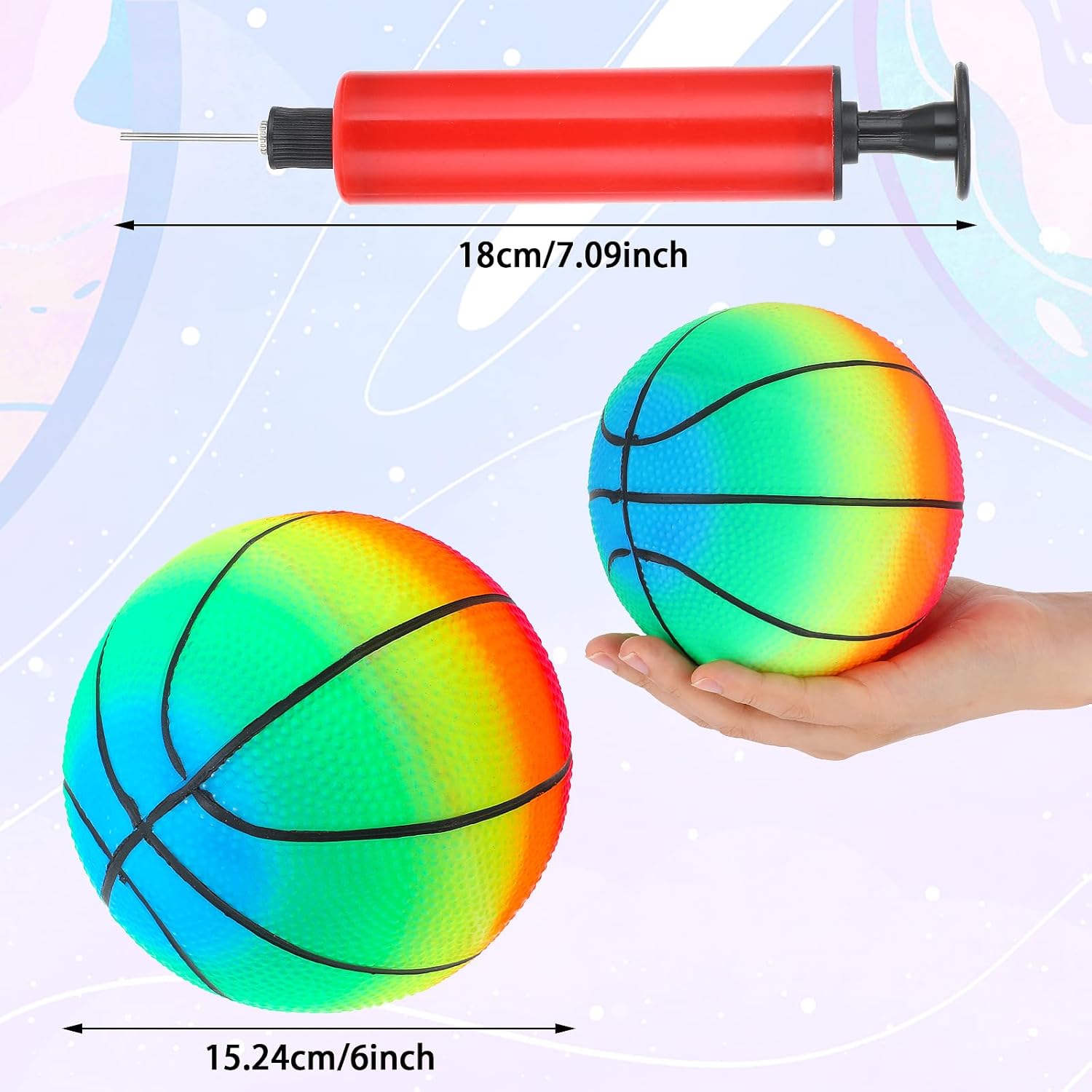 2 Pieces Inflatable Basketball Ball, 9 Inch Rainbow Playground Balls for Kids & Adults Inflatable Vinyl Balls with Added Hand Air Pump Neon Basketball Ball Rainbow for Playground Indoor and Outdoor-1