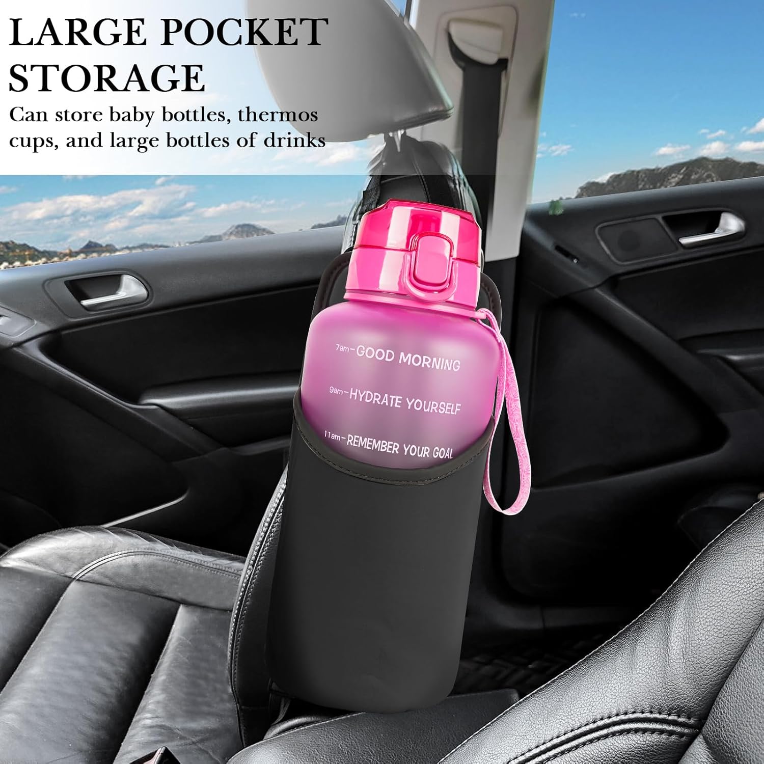 Linkidea Extra Large Car Seat Side Water Bottle Holder Compatible with Yeti Rambler Bottle 64oz, Hydro Flask 64oz, EYQ 64oz/128oz, Auto Seat Large Car Cup Hanging Bag with Mesh Pocket, Black-5