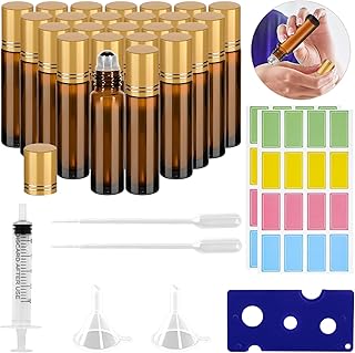 TOPBELIEF 24 Pcs 10ML Essential Oils Roller Bottles, Refillable Amber Roller Bottles, Glass Roller Bottles with Stainless Steel Roller Balls, Included Funnel, Dropper, Bottle Opener, Syringe, Label