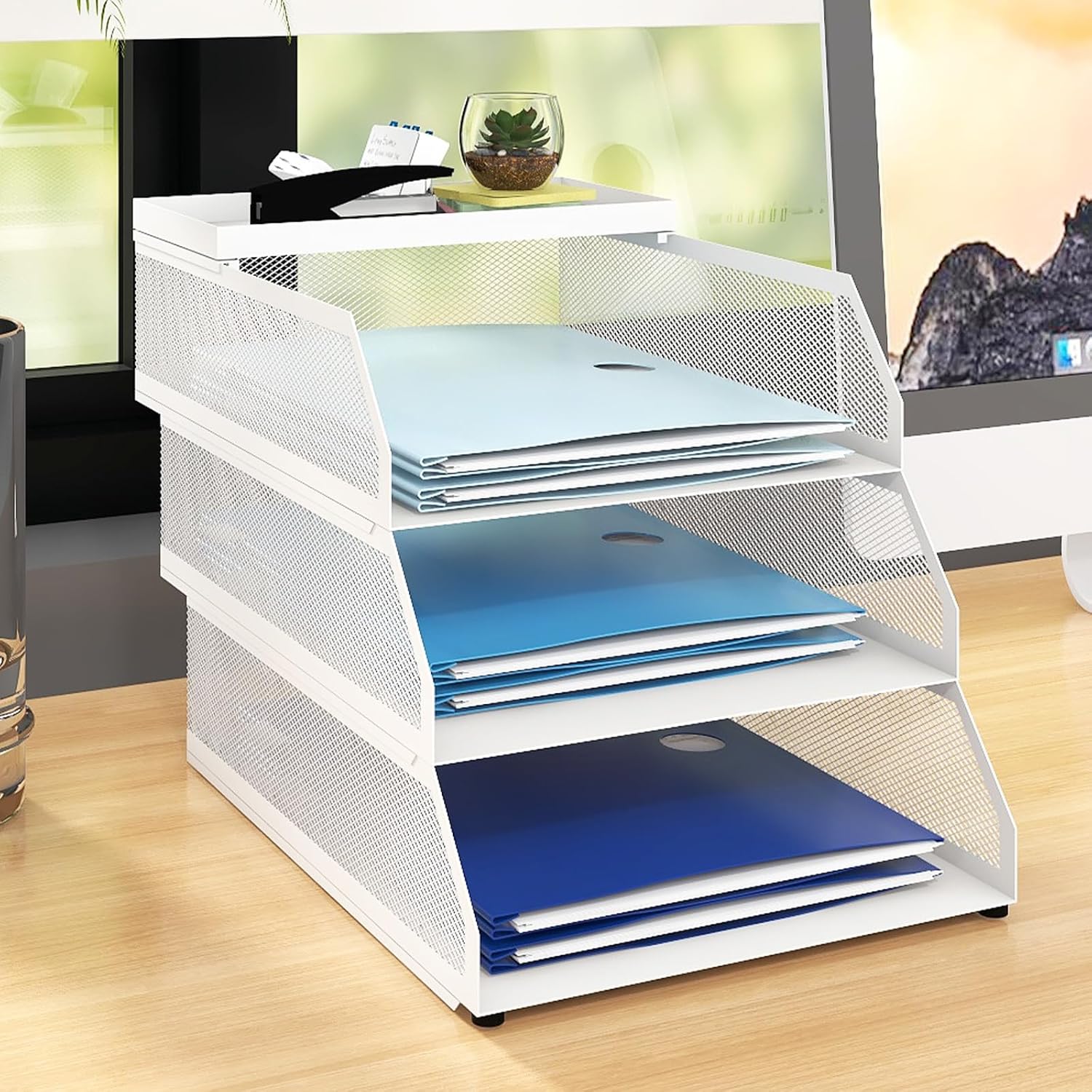 PUNCIA 3 Tiers Office A4 Paper Storage Organizer Letter Tray Desktop White File Holder Mail Letter Rack & Stackable Support Desk Tidy Document Notebooks Storage Rack for Home Office School-0