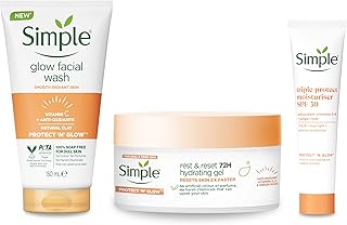 Simple Protect 'N' Glow Express Glow Clay Polish Cleanser, 1x 150 ml + Triple Protect Moisturiser, 1x 40 ml + Rest and Reset 72h Hydrating Gel, 1x 50 ml - Set of 3