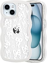 QLTYPRI for iPhone 13 Case/iPhone 14 Case, Cute Bowknot Pattern Aesthetic Design Clear Phone Case for Girls Women, Curly Wave Frame Slim Soft Transparent Shockproof Protective Phone Cover - White