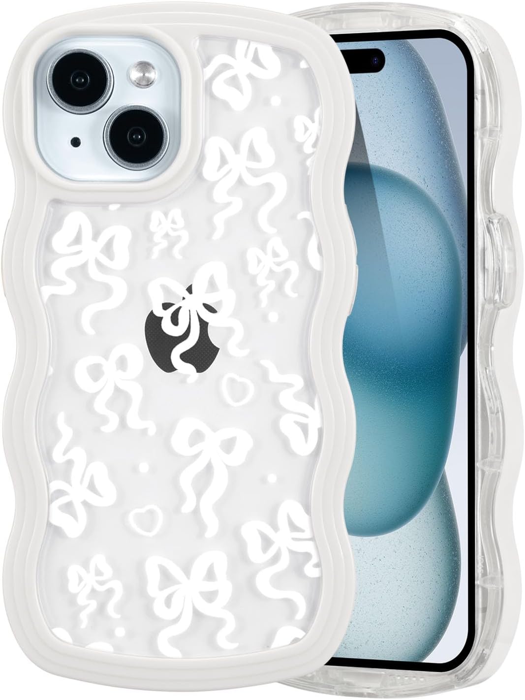 QLTYPRI for iPhone 13 Case/iPhone 14 Case, Cute Bowknot Pattern Aesthetic Design Clear Phone Case for Girls Women, Curly Wave Frame Slim Soft Transparent Shockproof Protective Phone Cover - White-0