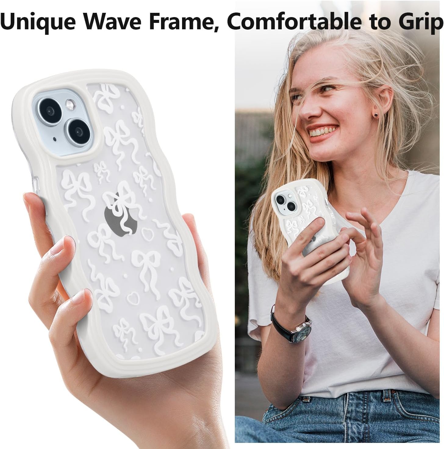 QLTYPRI for iPhone 13 Case/iPhone 14 Case, Cute Bowknot Pattern Aesthetic Design Clear Phone Case for Girls Women, Curly Wave Frame Slim Soft Transparent Shockproof Protective Phone Cover - White-5