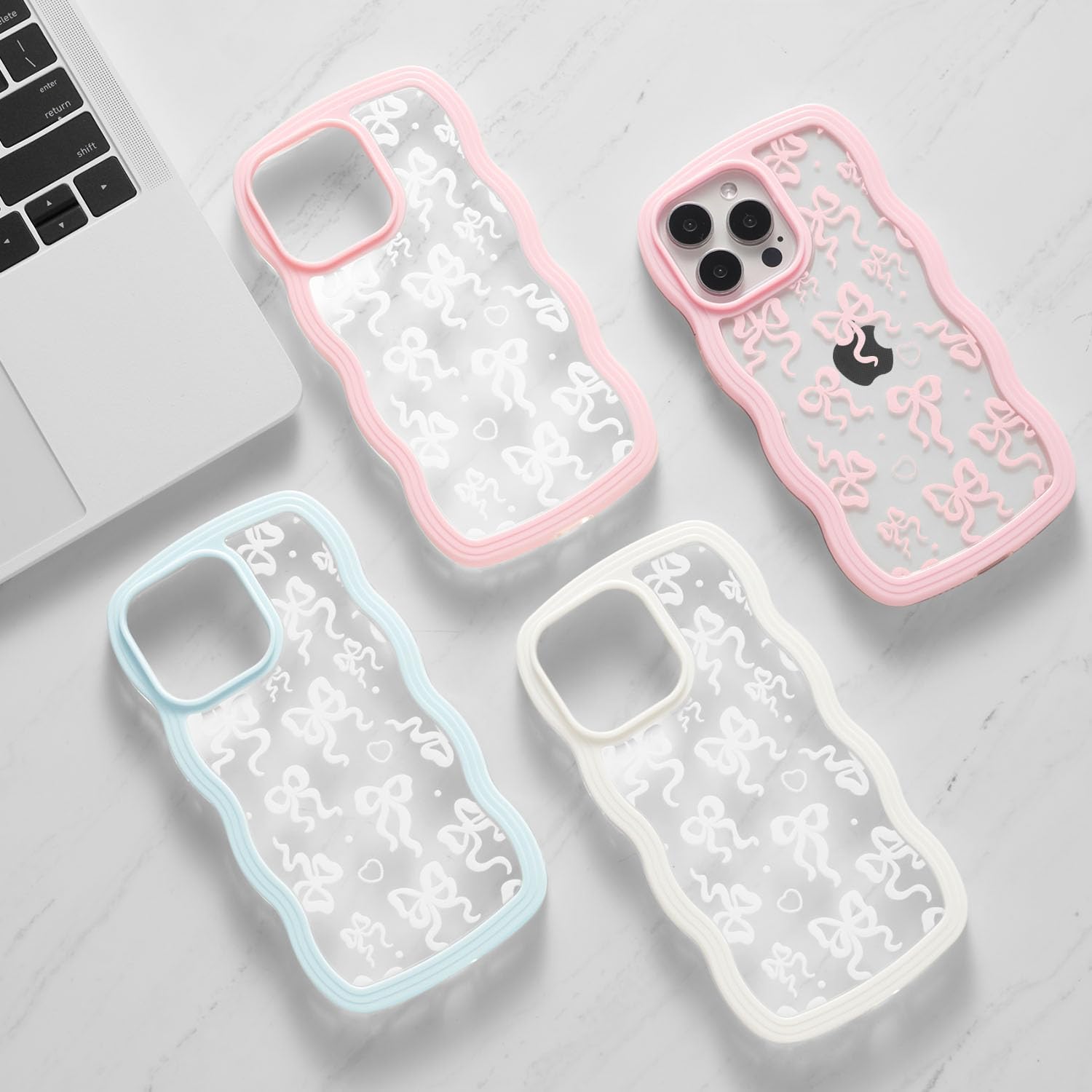 QLTYPRI for iPhone 13 Case/iPhone 14 Case, Cute Bowknot Pattern Aesthetic Design Clear Phone Case for Girls Women, Curly Wave Frame Slim Soft Transparent Shockproof Protective Phone Cover - White-8