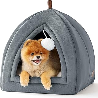 Bedsure Cat Cave Bed Igloo - Large Cat Tent Bed House with Removable Washable Cushion Pillow Foldable Portable Pet Bed, 44x44x44cm，Grey