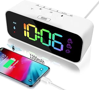 Suewidfay Recording Digital Alarm Clock with LED Display, Clock Bedside 4000mAh Battery Powered, 4 Levels Adjustable Brightness, Snooze, USB Charger For Bedroom/Travel(White)