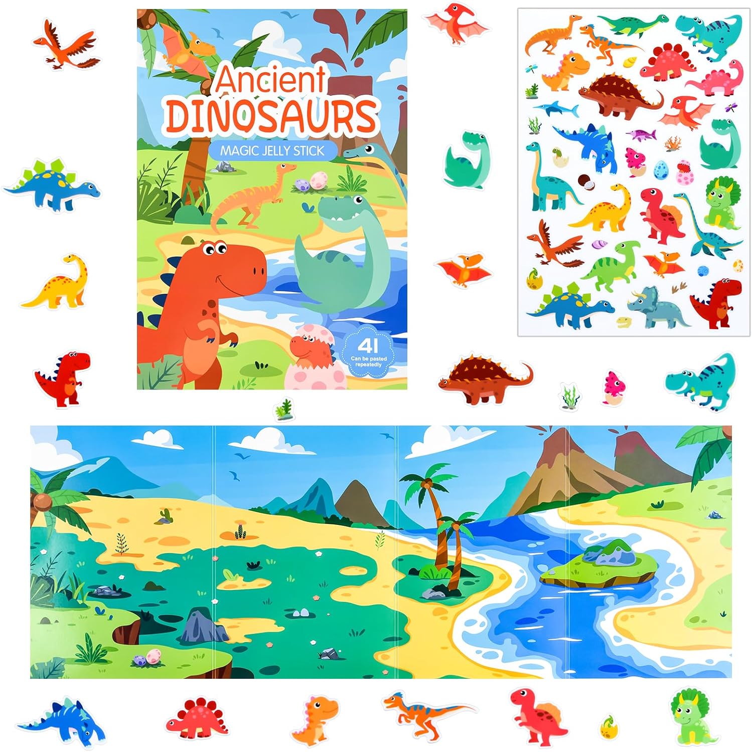 ASTARON Dinosaur Sticker Book for Toddlers, Reusable Cute Waterproof Dinosaur Stickers, Plane Activities Travel Toys for Kids, Educational Sensory Learning Toy Busy Book-0