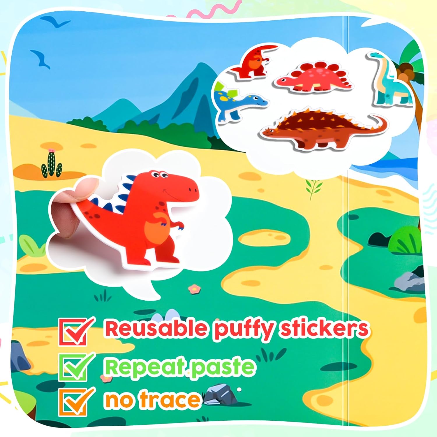 ASTARON Dinosaur Sticker Book for Toddlers, Reusable Cute Waterproof Dinosaur Stickers, Plane Activities Travel Toys for Kids, Educational Sensory Learning Toy Busy Book-2