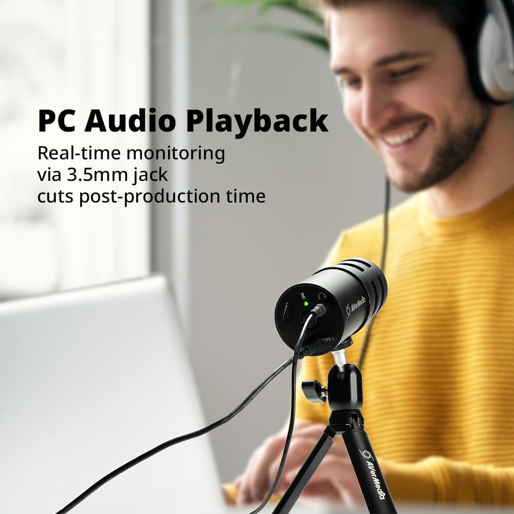 AVerMedia USB Mic for Streaming, Podcasting, Gaming Mic with Cardioid Polar Pattern, Tripod Stand, Headphone Output, Mute Button, All Metal Mic for PC, Laptop, iPhone, and Android Phone-1