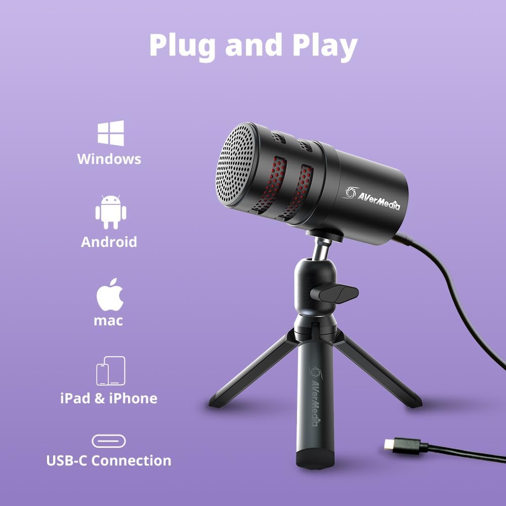 AVerMedia USB Mic for Streaming, Podcasting, Gaming Mic with Cardioid Polar Pattern, Tripod Stand, Headphone Output, Mute Button, All Metal Mic for PC, Laptop, iPhone, and Android Phone-5