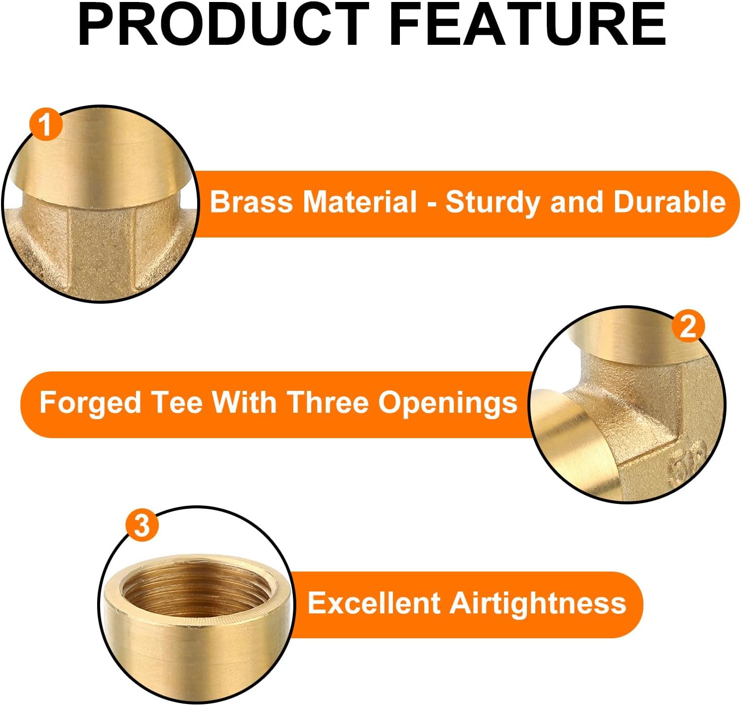 sourcing map Brass Tee Pipe Fitting, G3/8" x G3/8" x G3/8" 3 Way T-Connector for Gas Transport Connect Pipelines, 5pcs-3