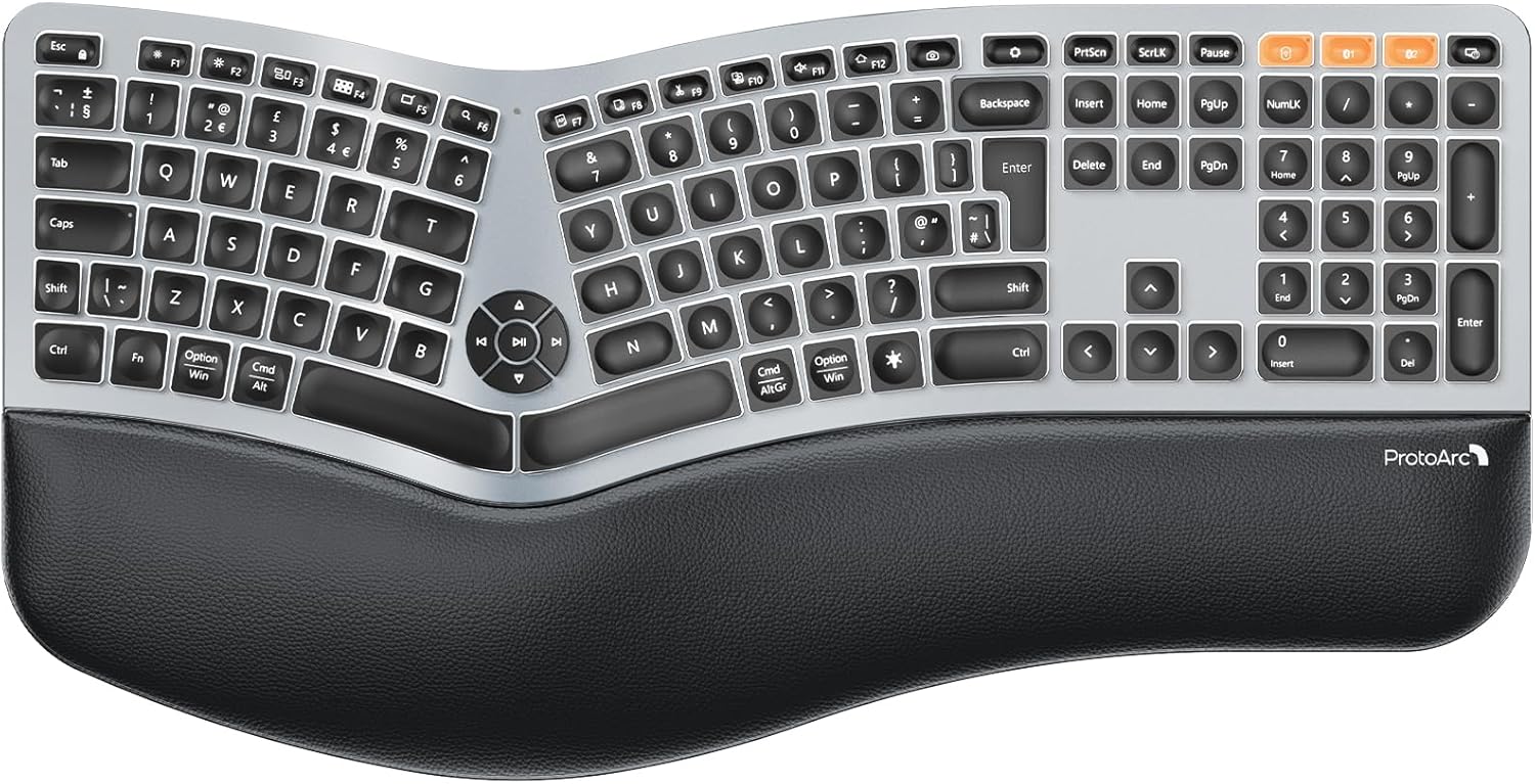 ProtoArc EK01 Plus Wireless Ergonomic Keyboard, Backlit Ergo Keyboard with Wrist Rest, Split Design, USB-C Charging, Bluetooth and USB, Natural Typing Compatible with Windows/Mac/Android-0