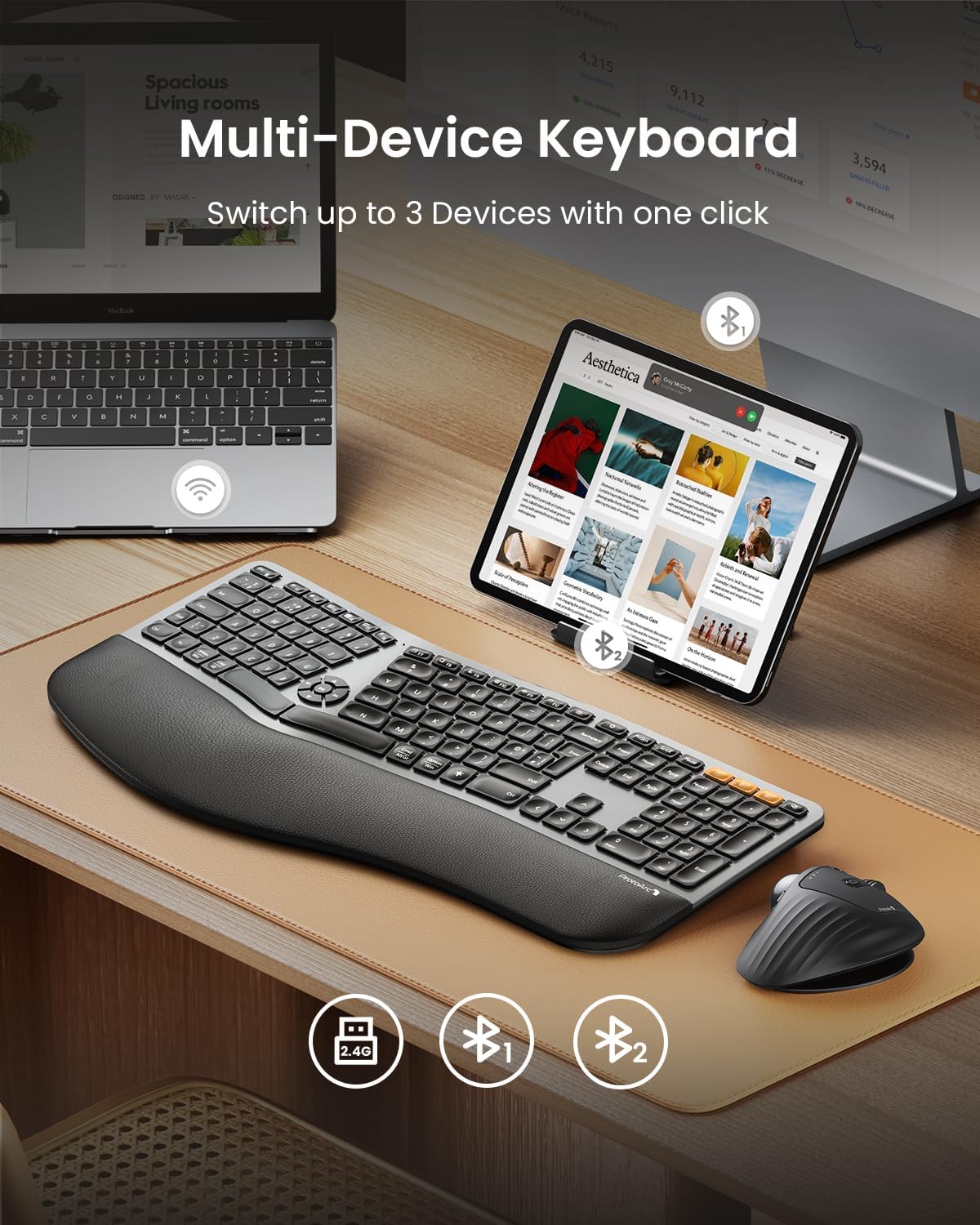 ProtoArc EK01 Plus Wireless Ergonomic Keyboard, Backlit Ergo Keyboard with Wrist Rest, Split Design, USB-C Charging, Bluetooth and USB, Natural Typing Compatible with Windows/Mac/Android-5