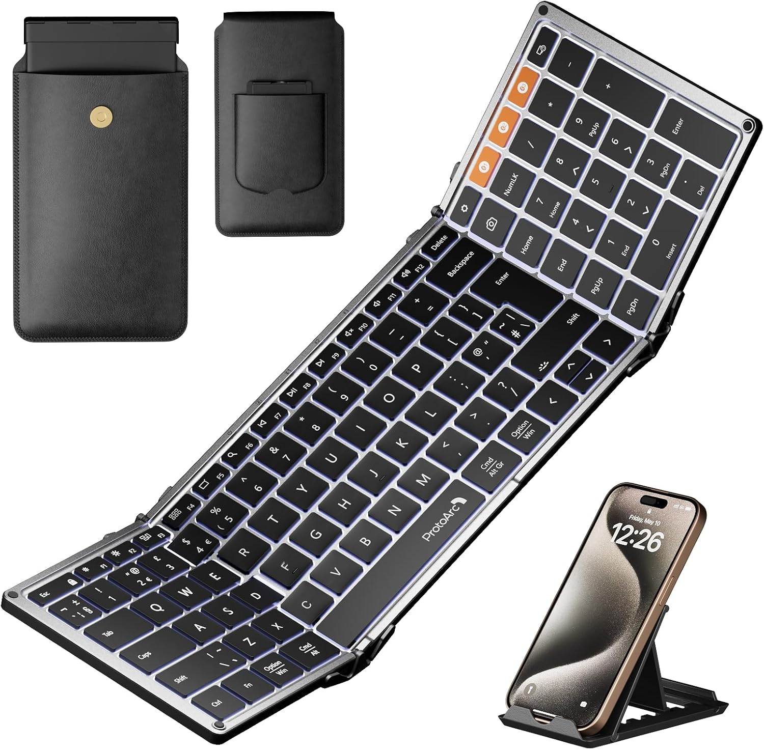 ProtoArc XK01 Plus Foldable Keyboard, Backlit Folding Portable Bluetooth Keyboard for Travel, Full Size External Wireless Keyboard with Backlight for iPad Surface Tablet Smartphone Laptop PC-0