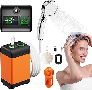 Suewidfay Portable Camping Shower, 7600mah Rechargeable Camp Shower with Smart Display 6.5ft Hose, Outdoor Shower for 180mins Power Suction Pump for Hiking, Travel, Garden, Car Washing, Pet Bath