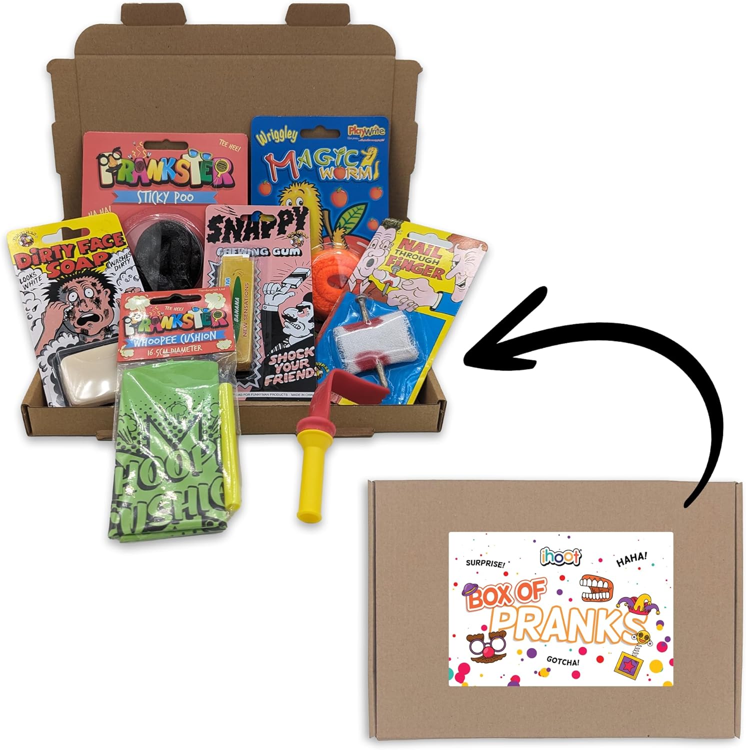 ihoot Pranks for Adults and Kids Bundle | Practical Joke Party Bag Fillers for Kids, Set of 7 Fun Gag Gifts including Fake Poo and Whoopee Cushion Joke Gifts for 9 10 11 Year Old Boys and Girls-1