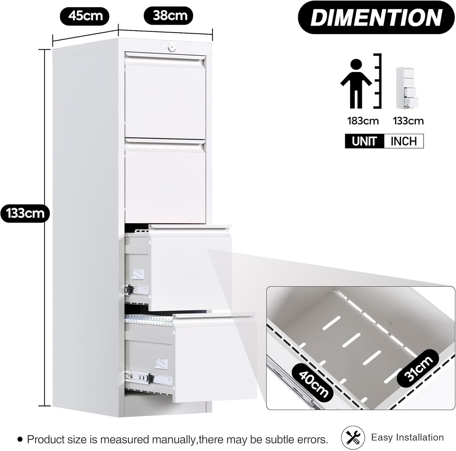 SUPEER Metal Vertical File Storage Cabinet with Lock,4 Drawer File Cabinet, Office Home Steel File Cabinet for A4 Letter/Legal Size, H133cm*W38cm*D45cm, Assembly Required (White)-2