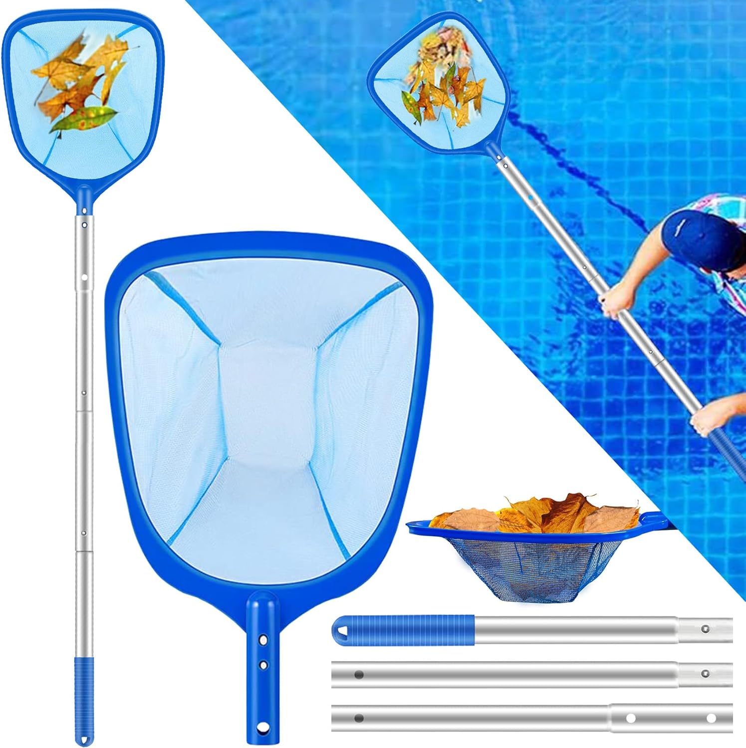 JSUEU Pool Skimmers,Swimming Pool Skimmer Net with Telescopic Robust Aluminium Pole 60 Inch Pool Cleaning Nets for Pond,Fine Mesh Leaf Skimmer nets for Hot Tub Net,Spa,Garden Pond-0