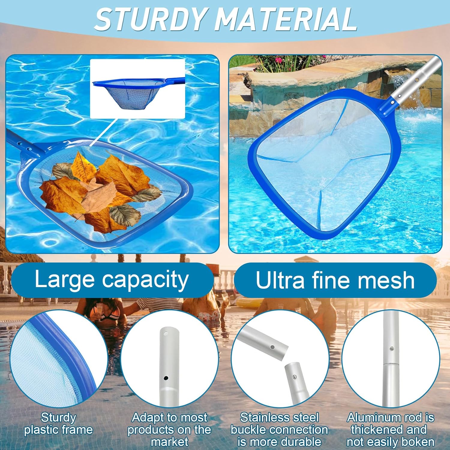 JSUEU Pool Skimmers,Swimming Pool Skimmer Net with Telescopic Robust Aluminium Pole 60 Inch Pool Cleaning Nets for Pond,Fine Mesh Leaf Skimmer nets for Hot Tub Net,Spa,Garden Pond-2