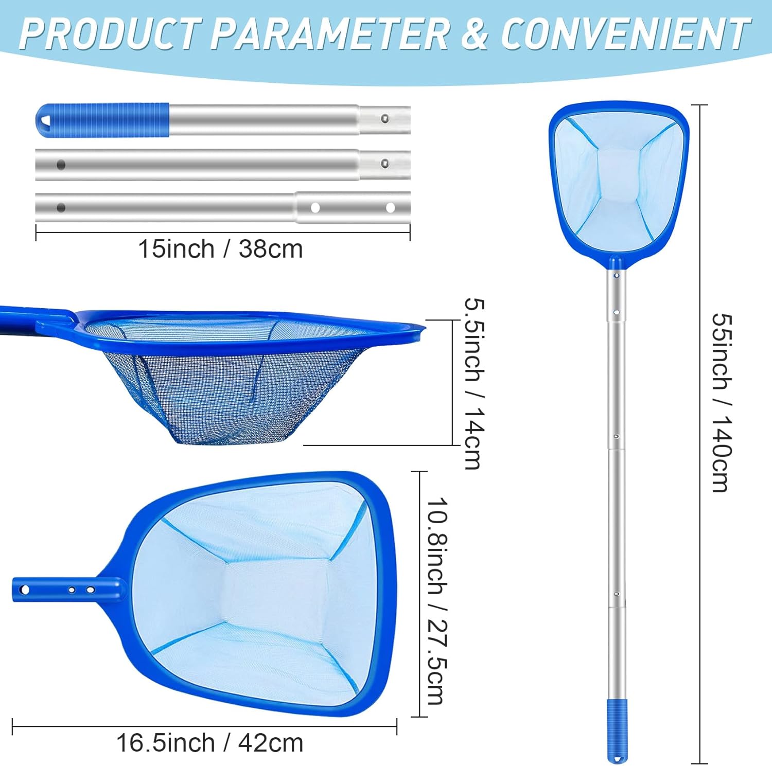 JSUEU Pool Skimmers,Swimming Pool Skimmer Net with Telescopic Robust Aluminium Pole 60 Inch Pool Cleaning Nets for Pond,Fine Mesh Leaf Skimmer nets for Hot Tub Net,Spa,Garden Pond-4