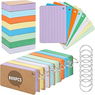 800 Pcs Flash Card, A7 Revision Cards Index Cards Coloured Flashcards Lined Record Cards with 10 Metal Binder Rings, Ruled Cue Cards Study Cards for School Office Home Revision Supplies