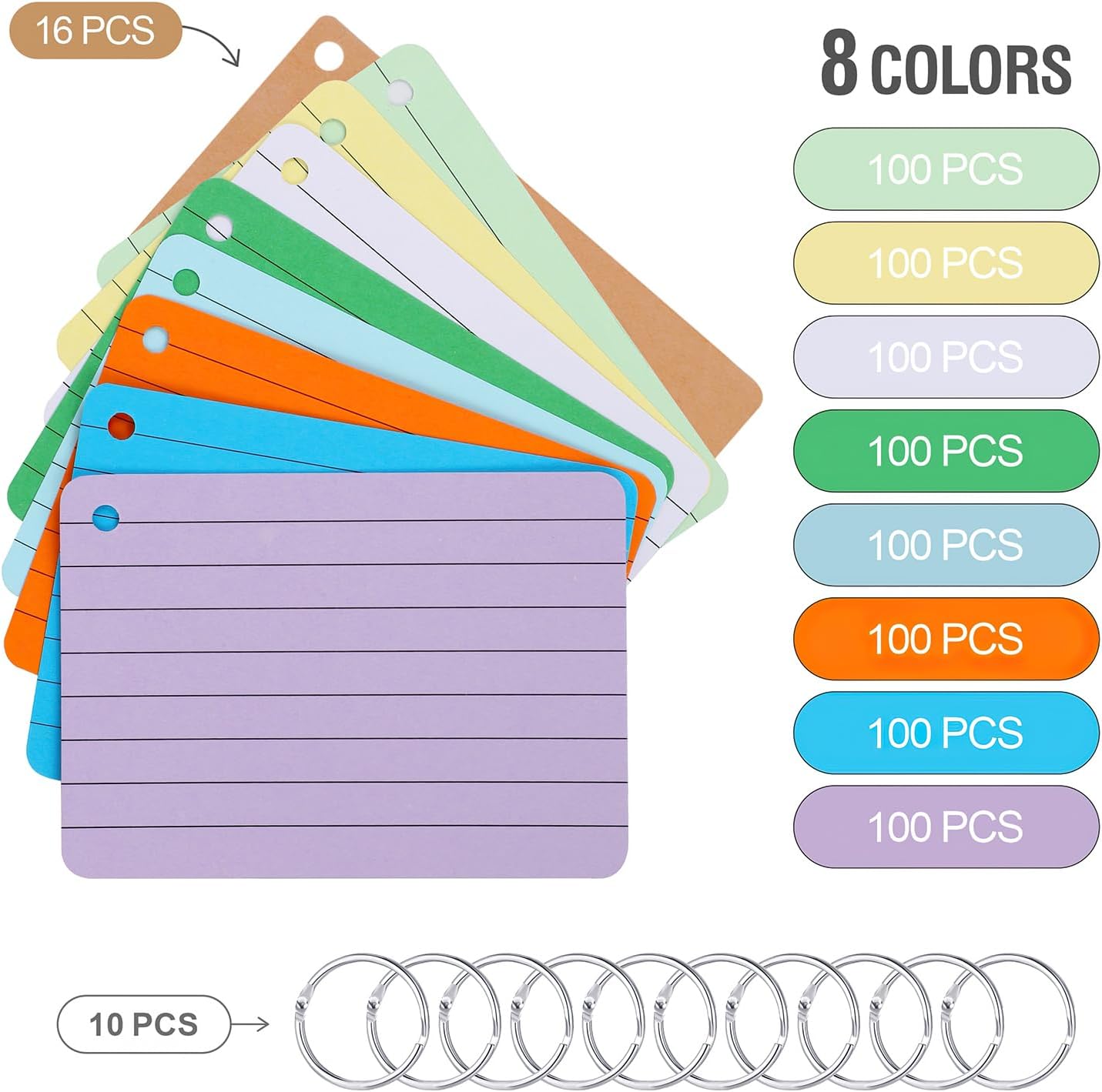 800 Pcs Flash Card, A7 Revision Cards Index Cards Coloured Flashcards Lined Record Cards with 10 Metal Binder Rings, Ruled Cue Cards Study Cards for School Office Home Revision Supplies-2