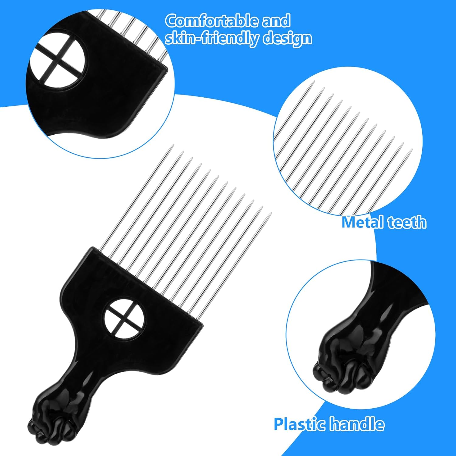 Sibba Curly Hair Pick Picks Lift Pin Comb 2 PCS Metal Beard Mustache Combs Twist Care Wide Fine Tooth Thick Wavy Curls Styler Detangling Styling Greasy Heads Backs Plastic Brush Curling Pocket Travel-3