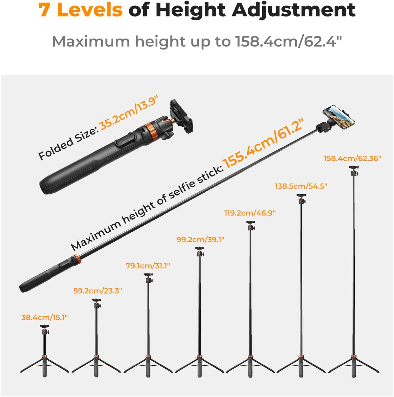 K&F Concept 62'' Phone Selfie Stick Tripod, Compact Camera Tripod with Phone Holder, Ball Head, Detachable Remote Control, Action Camera Adapter, Compatible with Phone/GoPro/Camera-1