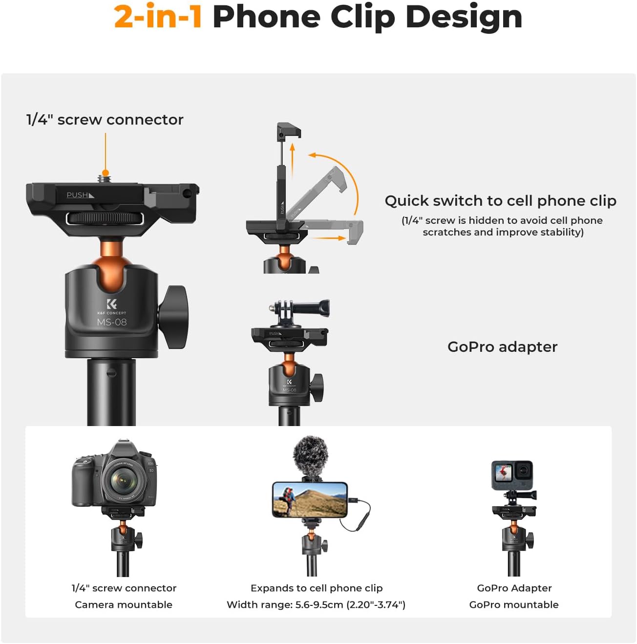 K&F Concept 62'' Phone Selfie Stick Tripod, Compact Camera Tripod with Phone Holder, Ball Head, Detachable Remote Control, Action Camera Adapter, Compatible with Phone/GoPro/Camera-2