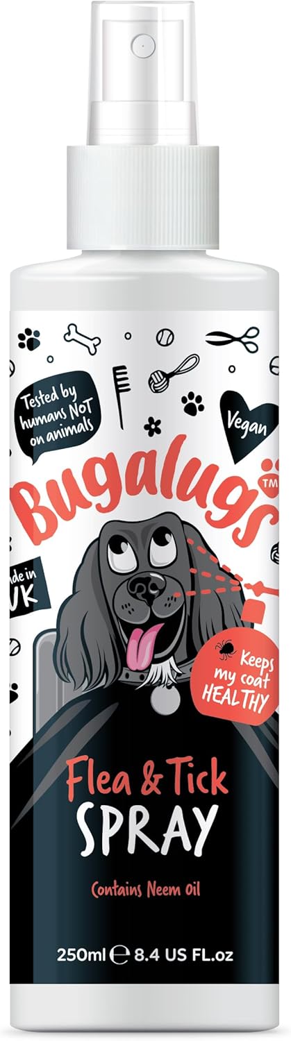 Flea and Tick Dog Spray by Bugalugs 250ml, Works on Smelly Puppies & Dogs, Contains Neem Oil PH Balanced Vegan Pet Shampoo, Used by Professional Groom-0