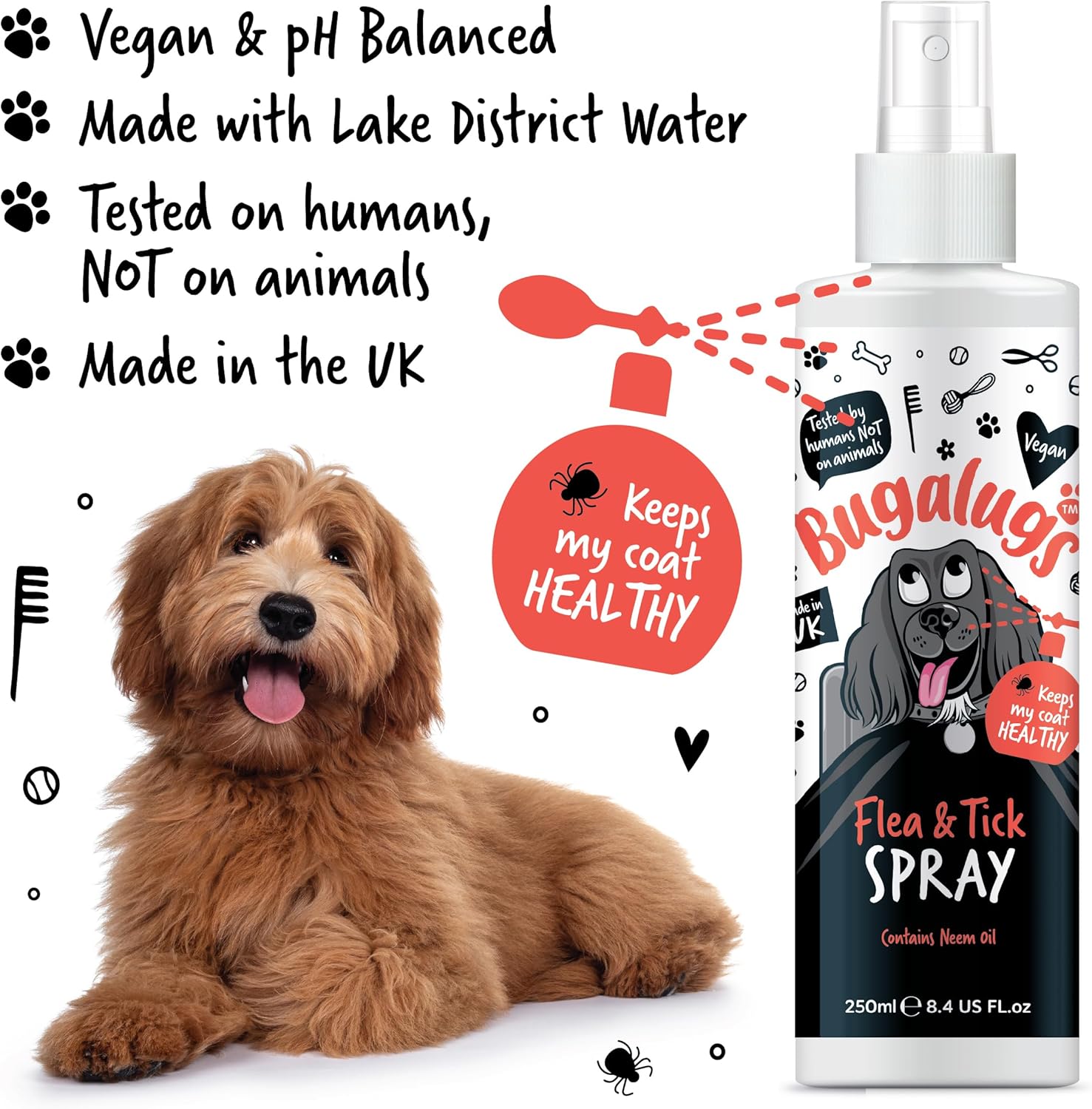 Flea and Tick Dog Spray by Bugalugs 250ml, Works on Smelly Puppies & Dogs, Contains Neem Oil PH Balanced Vegan Pet Shampoo, Used by Professional Groom-6