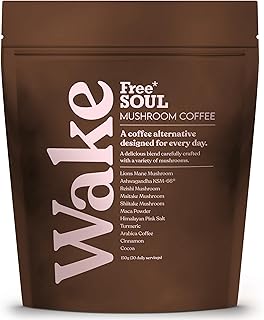 Free Soul Wake – Mushroom Coffee with Lion’s Mane & KSM-66 Ashwagandha – Advanced Functional Mushroom Blend with Superfoods & Ayurvedic Herbs – Lower Caffeine Coffee Alternative – 30 Servings