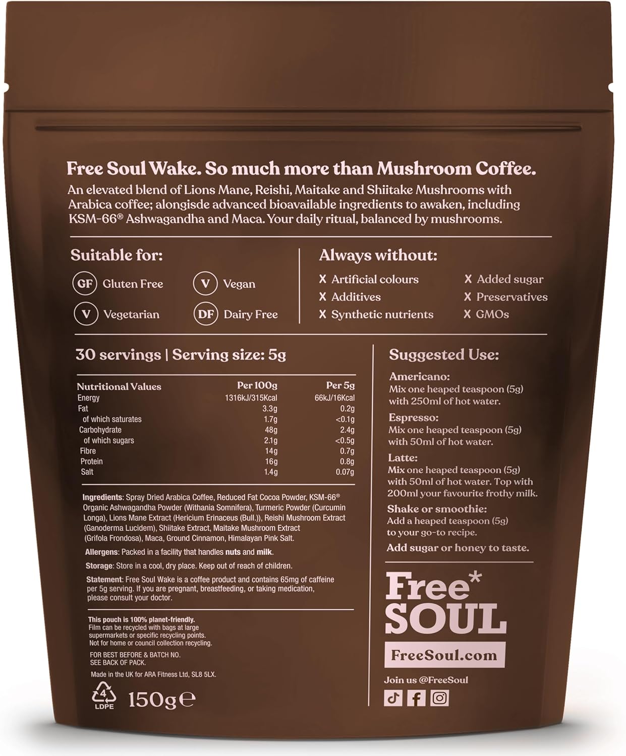 Free Soul Wake – Mushroom Coffee with Lion’s Mane & KSM-66 Ashwagandha – Advanced Functional Mushroom Blend with Superfoods & Ayurvedic Herbs – Lower Caffeine Coffee Alternative – 30 Servings-5