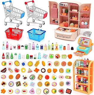 FUNCREVITY Miniature Shop Accessories Shopping Trolley for Children Supermarket Miniature Food and Drink Miniature Food Set Dollhouse Accessories Freezer Shelves Cash Registers Pack of 138