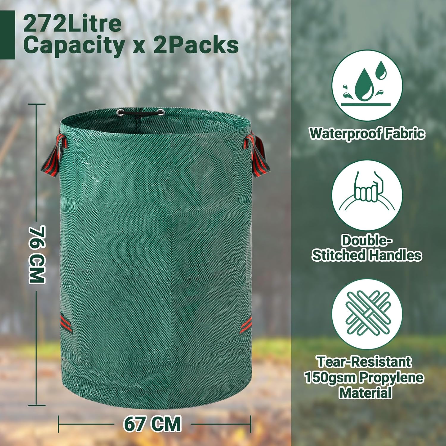 Velway Heavy-duty Garden Waste Bags - 272L x 2Pack Reusable Garden Sacks with Handles - Industrial Fabric for Leaves Trash Debris - Waterproof Garden Rubbish Bags-1