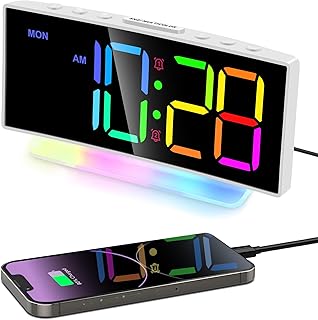 Lafocuse RGB Colorful Digital Alarm Clock Kids Bedside Clock with Modern Curved Design, 8 Colors LED Display & 7 Night Light, Dual Alarms, USB Charger, Brightness Dimmer for Heavy Sleepers, White