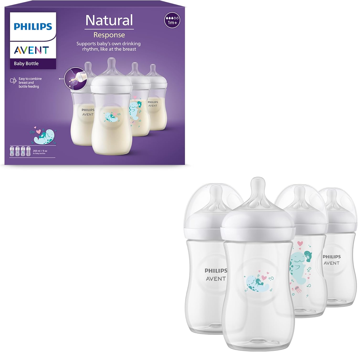 Philips Avent Natural Response Baby Gift Set, 4 Natural Response Baby Bottles 260 ml with T3 (1 m+ Teats), SCY903/61-0