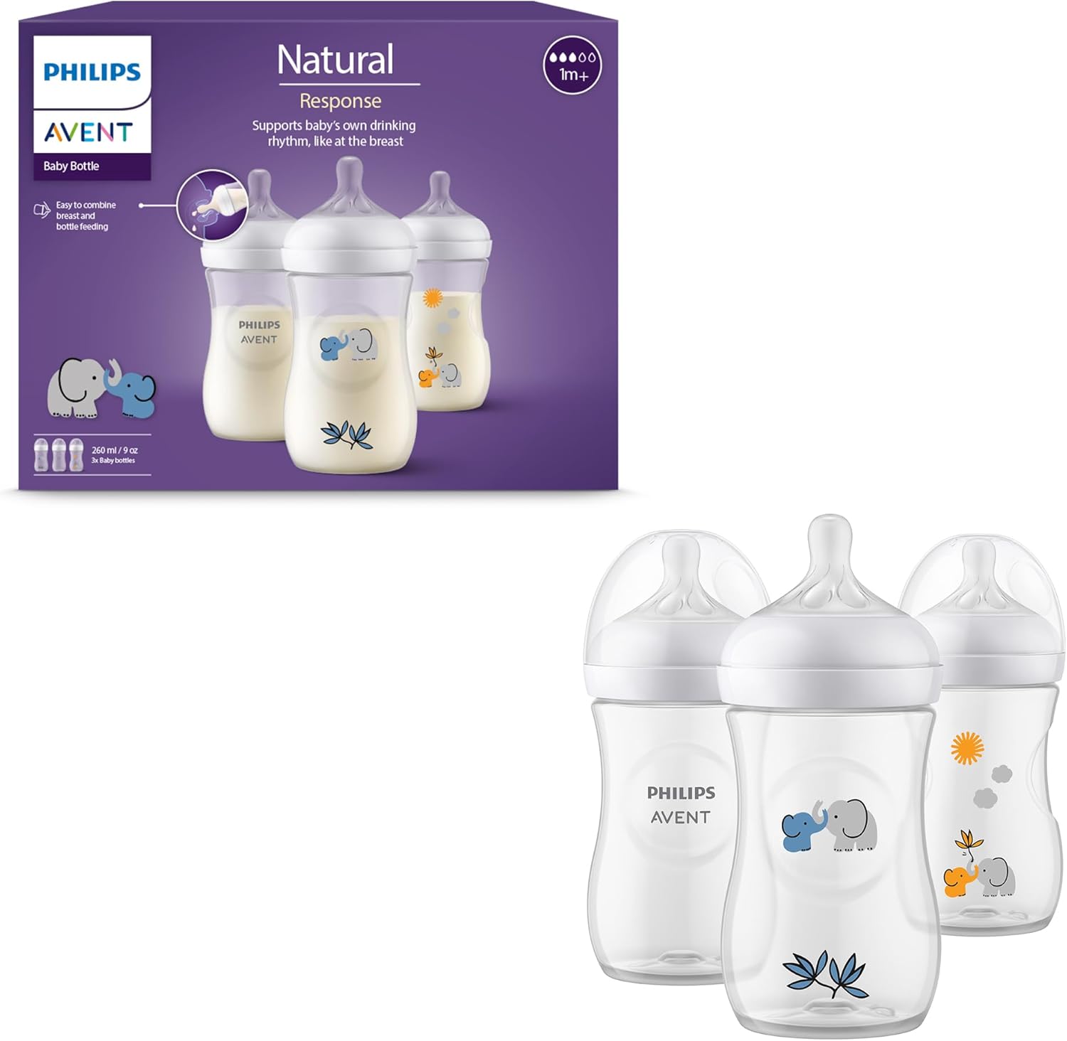 Philips Avent Natural Response Baby Gift Set, 3 Natural Response Baby Bottles 260 ml with T3 (1 m+ Teats), SCY903/63-0