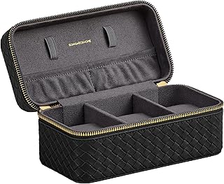 SONGMICS HOME RONNE Collection - 3-Slot Watch Travel Case, Watch Box for 3 Watches, Woven Embossed PU Leather, 10 x 20 x 9 cm, Gift Idea, Ink Black Surface, Slate Grey Lining JWB017G01