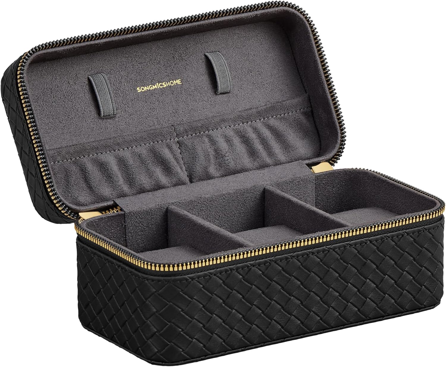 SONGMICS HOME RONNE Collection - 3-Slot Watch Travel Case, Watch Box for 3 Watches, Woven Embossed PU Leather, 10 x 20 x 9 cm, Gift Idea, Ink Black Surface, Slate Grey Lining JWB017G01-0